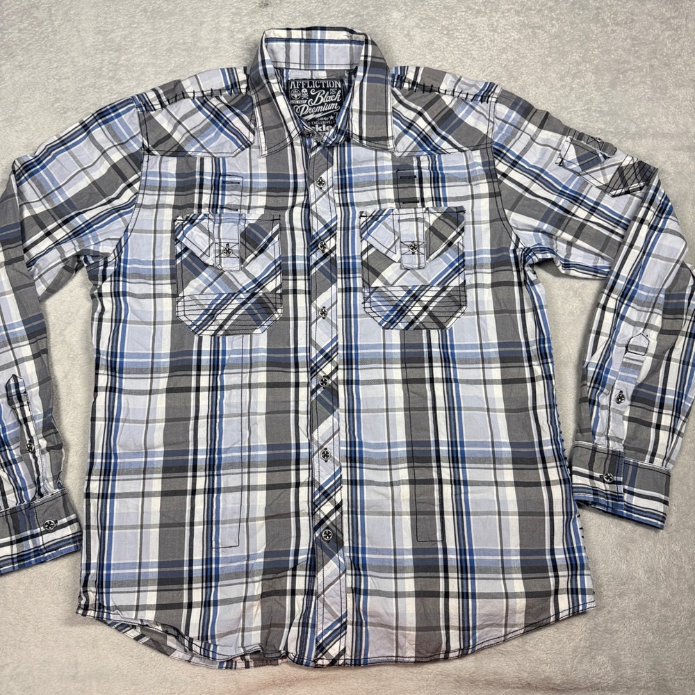 Affliction Black Premium Shirt Mens L Blue Plaid Embroidered Buckle Exclusive